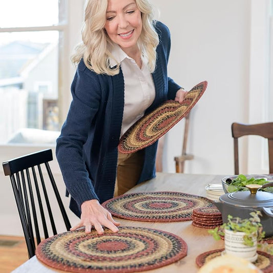 Homespice Highland Jute Woven Round Placemats Set of 6, 15", Warm Lodge and Country Decor, Multicolor Table Mats - Vibrant Colors, Durable, Easy to Clean and Protects Furniture
