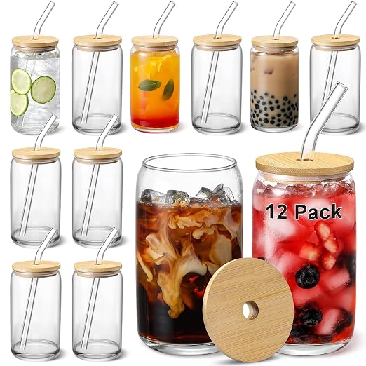 Glass Cups with Bamboo Lids and Glass Straw by VITEVER