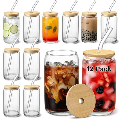Glass Cups with Bamboo Lids and Glass Straw by VITEVER