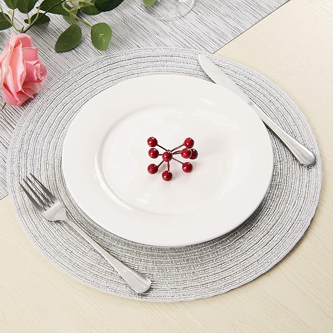 SHACOS Christmas Glitter Silver Placemats Set of 8 Sparkle Bling 15 inch Round - Image 6