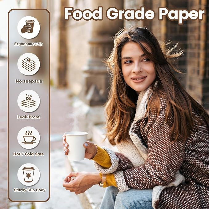 MOUMOULIFE Disposable Paper Coffee Cups 8 oz 500 Count Bulk, Leak-Proof White - Image 5