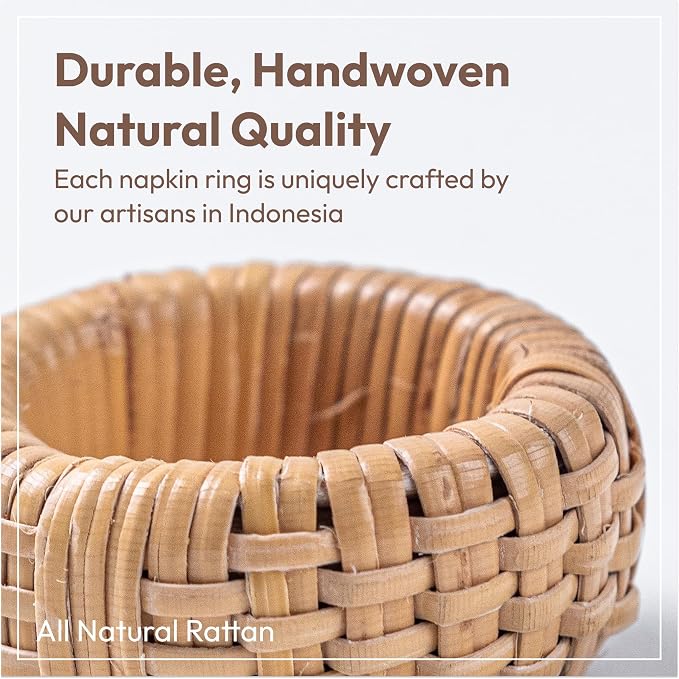 Rattan Napkin Rings Set of 12, Made in Indonesia, Handwoven 1.5" Rustic Wicker - Image 2