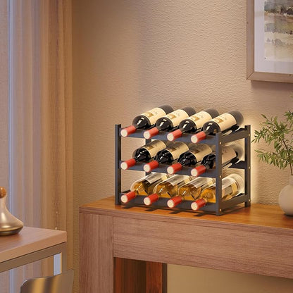 Wine Rack Countertop for 12 Wine Bottles and 4 Glass Holder, Small Bamboo Free Standing Racks Tabletop Display, Wooden Wine Storage Organizer for Cabinet Pantry Kitchen Bar Home Dining Room (Black)