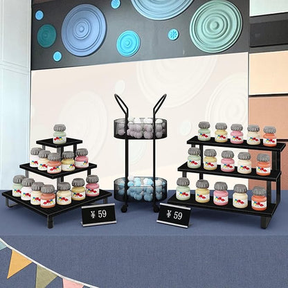 ELITEROO 3 Tier Wooden Display Riser Stand, Portable Products Display Shelf, 3 Step Straight Display Rack for Retail Tabletop, Countertop, Craft Shows, Farmers Market, Tradeshows, Vendors, Black