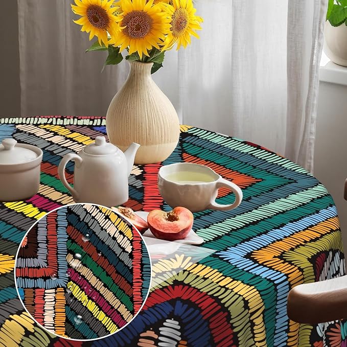 Laeacco 36 Inch Colorful Patchwork Round Tablecloth Woven Geometric Pattern Abstract Art Print Table Cloth Washable Waterproof Wrinkle Free Table Cover for Kitchen Dining Picnic Party Decoration