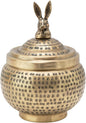 Round Hammered Metal Container with Rabbit Finial, Brass Finish