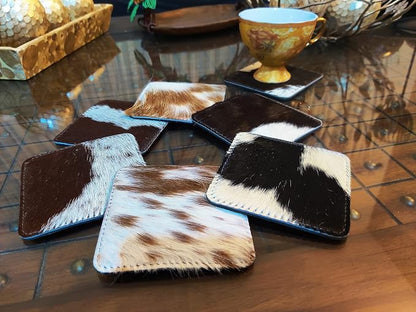 NGF Cowhide Coaster Set of 6 pcs Natural Cowhide Drink Coasters Hair On Square - Image 5