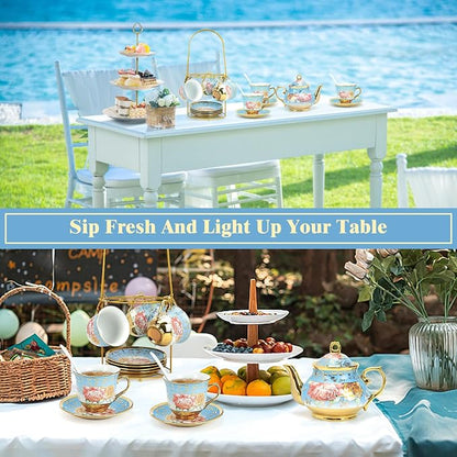 20 Pcs Porcelain Tea Set with Metal Holder, Adult Tea Set Gift, European - Image 7