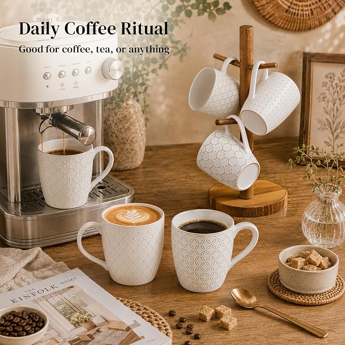 DOWAN Coffee Mugs Set of 6, 19 oz Large Mug, Ceramic Embossment Stoneware Tea - Image 5