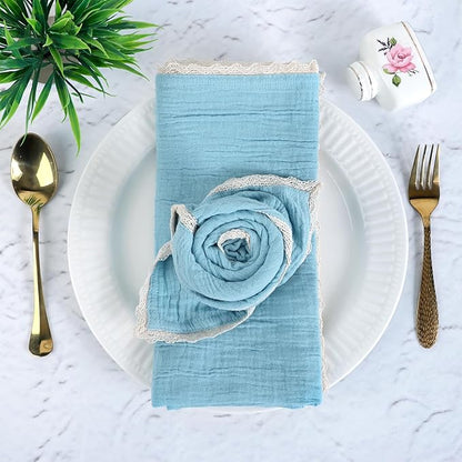 FINGERCRAFT Dinner Cloth Napkin Cotton Muslin Double Gauze 12 Pack with Classic Lace for Everyday Use, Wedding, Party, Christmas, Easter Napkins Cloth are Pre Shrunk and Good Absorbency Aqua Marine