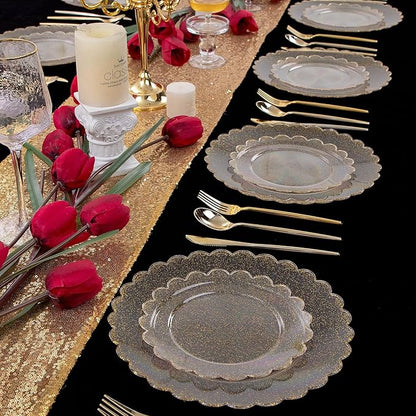 LIYH 60 Pcs Gold Glitter Plastic Scalloped Plates - Disposable Heavyduty Combo Plastic Plates Dishes Included 30 Dinner Plate 30 Dessert Plate for Weddings Party Birthday