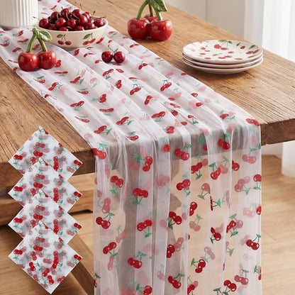 4 Pcs Cherry Table Runners 29 x 70 Inch Glitter Cherry Tulle Lace Table Runner by Windkream