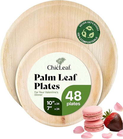Chic Leaf Round Palm Leaf Plates - 10-Inch & 7-Inch, Pack of 48 - Compostable Disposable Bamboo Plates for Parties, Winter Cozy Dinner, Wedding & Valentine's day Romantic Candlelit Home Dining