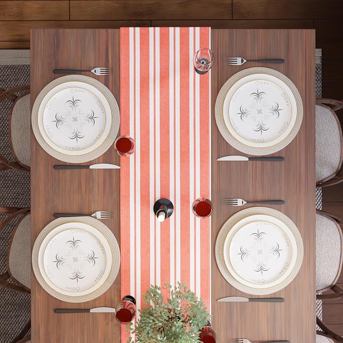 Encasa XO Table Runner, Woven Cotton Dining Runner 13"x59" Franca Orange Stripes - Image 5