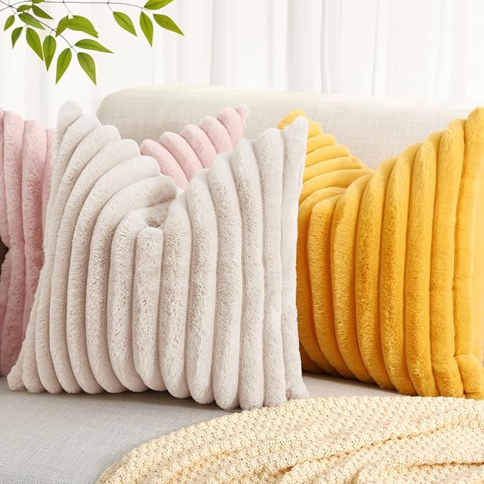 decorUhome Cozy Faux Fur Throw Pillow Covers 24x24 Set of 2 Decorative Soft Plush Striped Modern Farmhouse Boho Couch Euro Sham Pillow Cases with Velvet Back for Sofa Bed Living Room, Beige