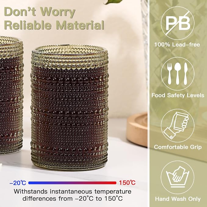 JOVGANK Green Vintage Hobnail Drinking Glasses Set of 6, Water Tumbler 15oz - Image 4