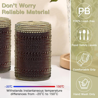 JOVGANK Green Vintage Hobnail Drinking Glasses Set of 6, Water Tumbler 15oz - Image 4