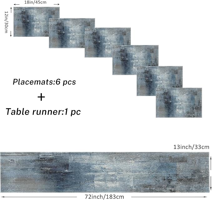 Table Runner and Placemats Set of 6, Vintage Blue Gray Art | Abstract Farmhouse - Image 3