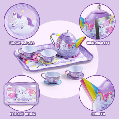 JOYIN Unicorn Tea Party Set for Little Girls, Pretend Purple Tin Teapot Set - Image 3