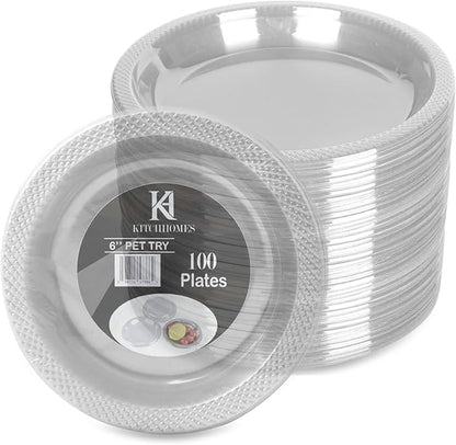 6 Inch Clear Plastic plates - Flexible 100 Pack clear plastic plates for Dessert, Appetizers, BBQ, Party, Travel, and Events - Microwave Safe, Recyclable & Disposable Plates