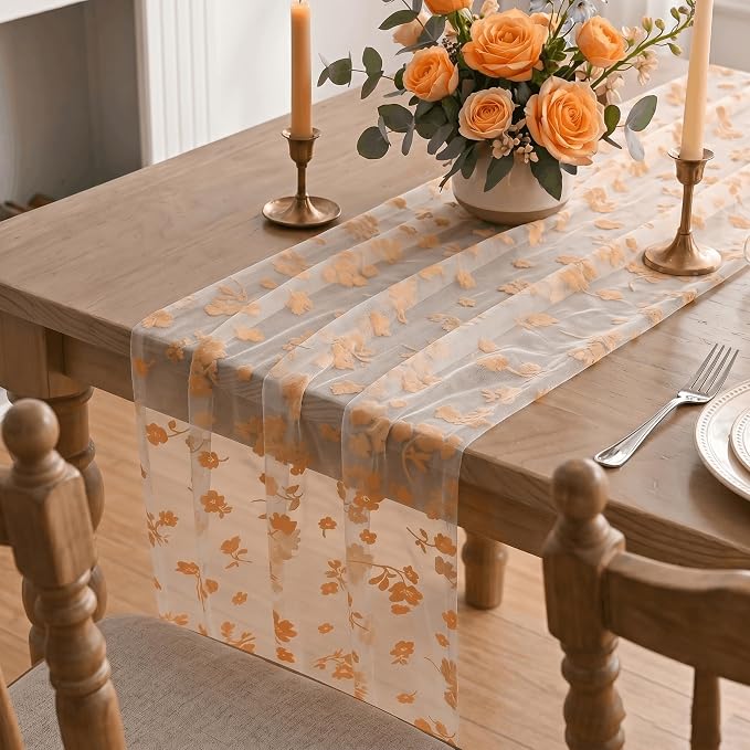 Artoid Mode Pink Gauze Flocking Flowers Table Runner 10FT, Spring Sheer Dining - Image 5