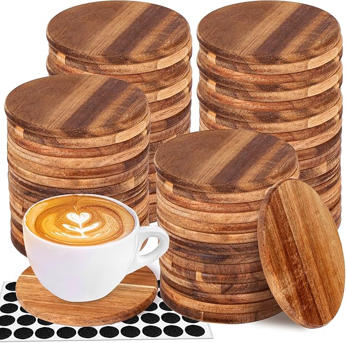 48 Pieces Unfinished Wood Coasters, 4 Inch Round Acacia Wooden Coasters by Aweyka