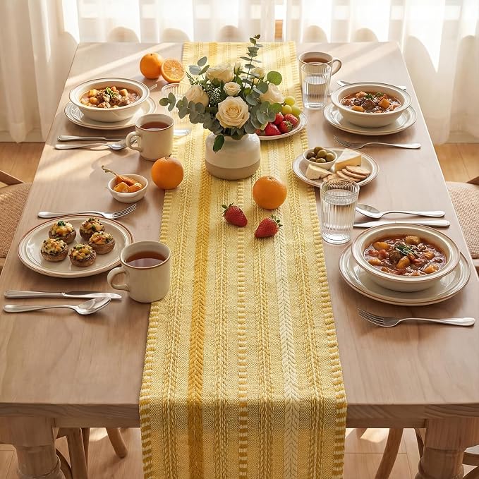 Artoid Mode Yellow Farmhouse Stripe Braided Table Runner 12x72 Inch | Holiday - Image 3