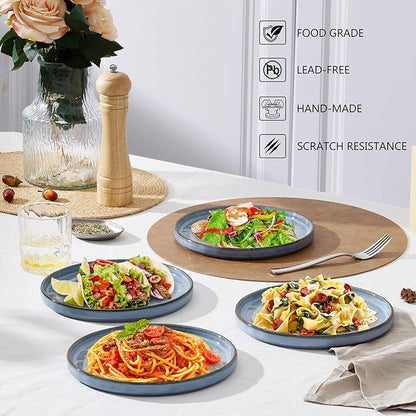 LIANYU Ceramic Dinner Plates Set for 4, 7.9In Porcelain Kitchen Salad Dessert Serving Dishes Set, Modern Round Stoneware Dinnerware Appetizer Plates, Scratch Resistant & Microwavable, Serenity Blue