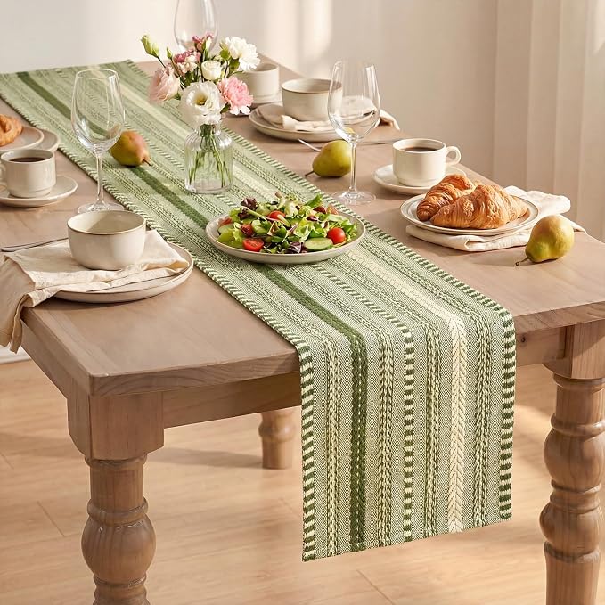 Artoid Mode Army Green Farmhouse Stripe Braided Table Runner 12x48 Inch | - Image 8
