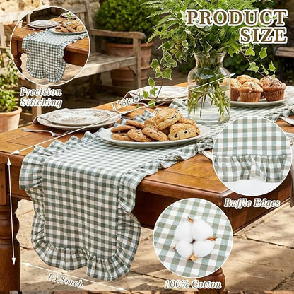HunnmingRe 1 Pc Gingham Table Runner Green, 118 X 13.8 Inch | Cotton Dresser - Image 2