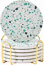 Terrazzo Coasters Set of 6, Ceramic Absorbent Drink Coasters, Cute Moisture Absorbing Coaster, Coffee Table Desk Decor, Colorful Stone Coaster for Drinks (Sage)
