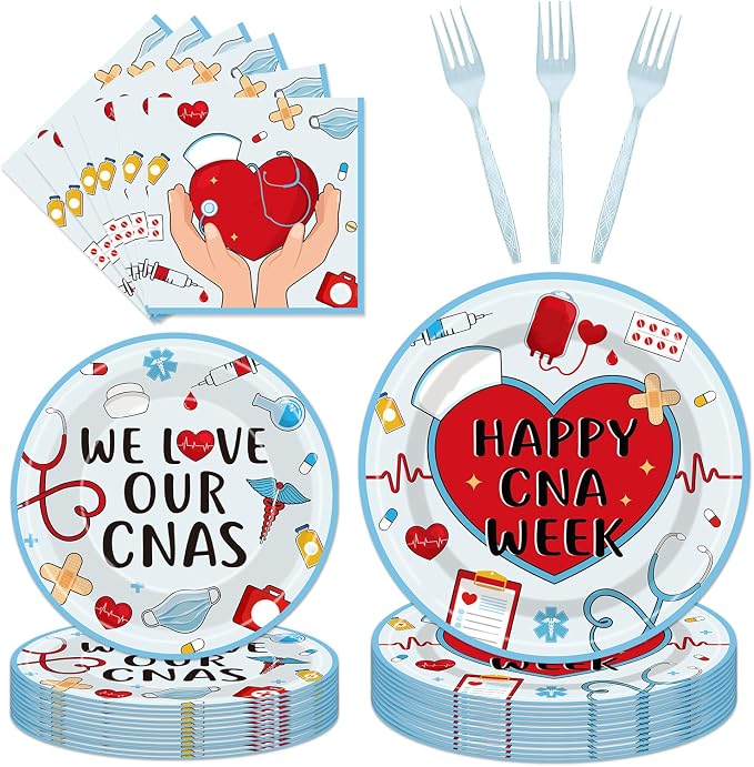 EUOYUFO 96Pcs Happy CNA Week Paper Plates Napkins Forks CNA Week Party Tableware by EUOYUFO
