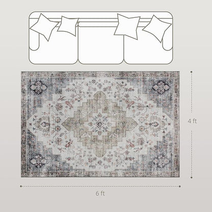 HOMCOM Washable Area Rug, 4'x6' Vintage Indoor Distressed Carpet, Retro Floor Cover Foldable, Floral Print Mat for Living Room, Bedroom, Dining Room, Brown and Green