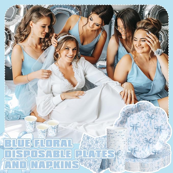 250 Pcs Blue Floral Disposable Paper Plates and Napkins | Bow Coquette - Image 6
