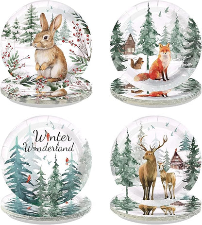 60Pcs Winter Woodland Animals Disposable Paper Plates 9” Winter Wonderland Heavy Duty Paper Plates with Bunny Fox Deer Patterns for Christmas Holiday Party Supplies Decorations