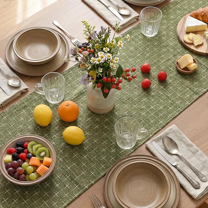 Artoid Mode Olive Green Cross-Star Textured Table Runner, Seasonal Waterproof - Image 4