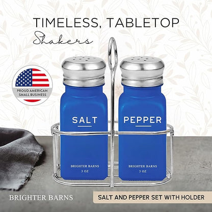 Blue Salt and Pepper Shakers Set with Holder by Brighter Barns - Glass Salt Shaker with Caddy - Modern Kitchen Decor, Dining Table Decor, Cute Kitchen Accessories for Restaurants, Dining Room (Blue)