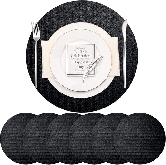 PIGCHCY Round 15" Water-Resistant Placemats Set of 6, Premium Faux Leather Placemats PVC Easy Clean Table Mats for Hotels Outdoor Dining, Wedding Decor (Black)