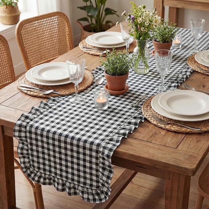 HunnmingRe 1 Pc Gingham Table Runner White and Black, 72 X 13.8 Inch | Cotton - Image 6