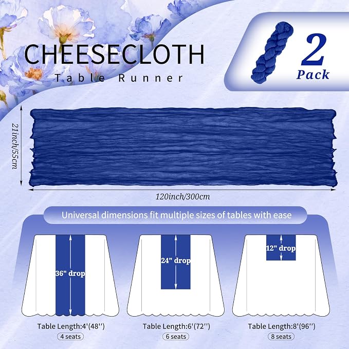 Showgeous 2 Pack Royal Blue Cheesecloth Table Runners Boho Wedding Decor | - Image 2