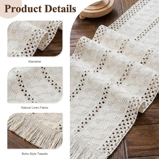 Boho Macrame Table Runner with Tassels 90in White Farmhouse Runner | Macrame - Image 2