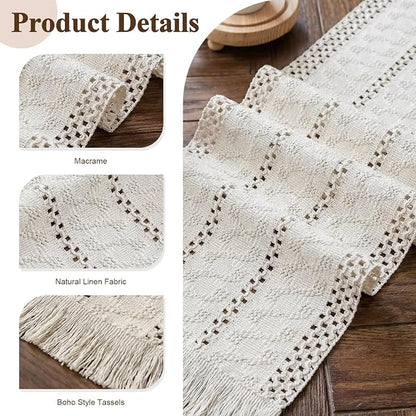 Boho Macrame Table Runner with Tassels 90in White Farmhouse Runner | Macrame - Image 2