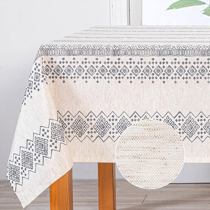 MYSKY HOME Boho Rectangle Tablecloth 60x84 Inches Linen Fabric Oblong Table Cover Farmhouse Decoration Waterproof Classic Bohemian Tablecloth for 4 Feet Table, Indoor and Outdoor Use, Grey Tablecloth