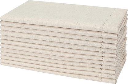 Flax Linen Christmas Cloth Napkins Set of 12 - Washable and Reusable Hemstitched Dinner Cloth Napkins Everyday, Hotel, Events, Parties, Christmas Napkin Cloth 18x18 Inch Natural Color