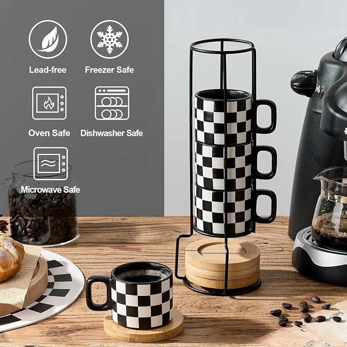 LUKA Porcelain Stackable Black and White Checkered Espresso Cups - Image 4