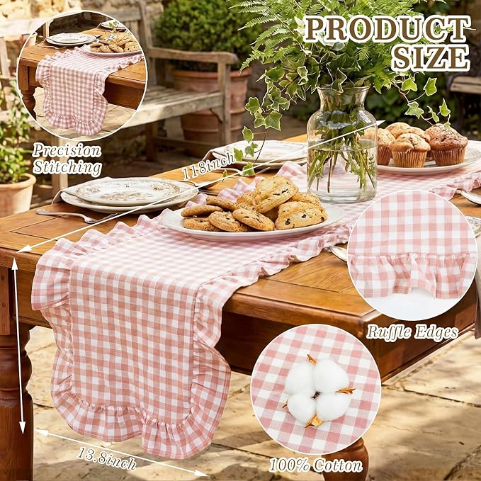 HunnmingRe 1 Pc Gingham Table Runner Light Pink, 118 X 13.8 Inch | Cotton - Image 2