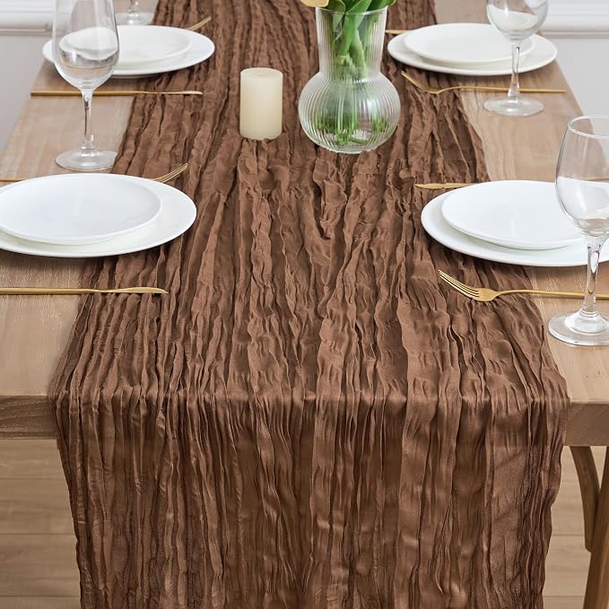 Asee'm 2pcs Brown Coffee Cheesecloth Table Runner 10FT Boho Rustic Fall | Sheer - Image 2