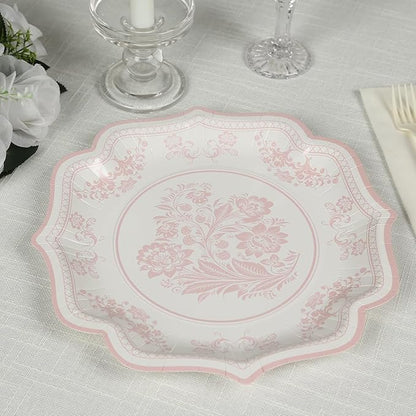 50 Pack 10" White Pink French Toile Dinner Plates, Disposable Round Paper Party Plates 300 GSM for Festive Table Decoration