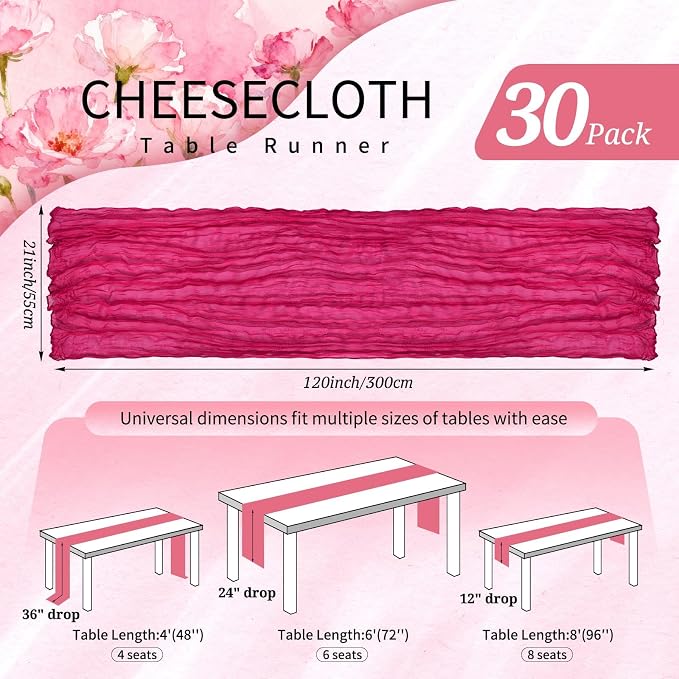 30 Pack Cheesecloth Table Runner 10FT Hot Pink Table Runner Boho Gauze Cheese - Image 2