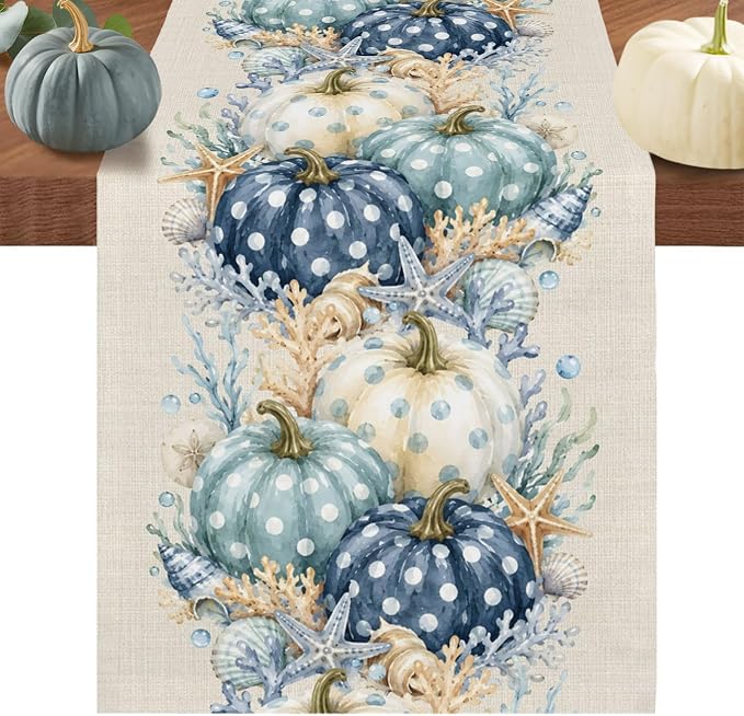 Blue Pumpkins Table Runners 72 Inches Long, Fall Thanksgiving Cotton Linen by Edwiinsa